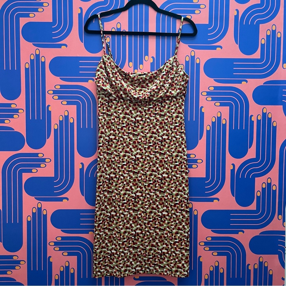 BCBG MaxAzaria Retro Square Print 90s Midi Dress